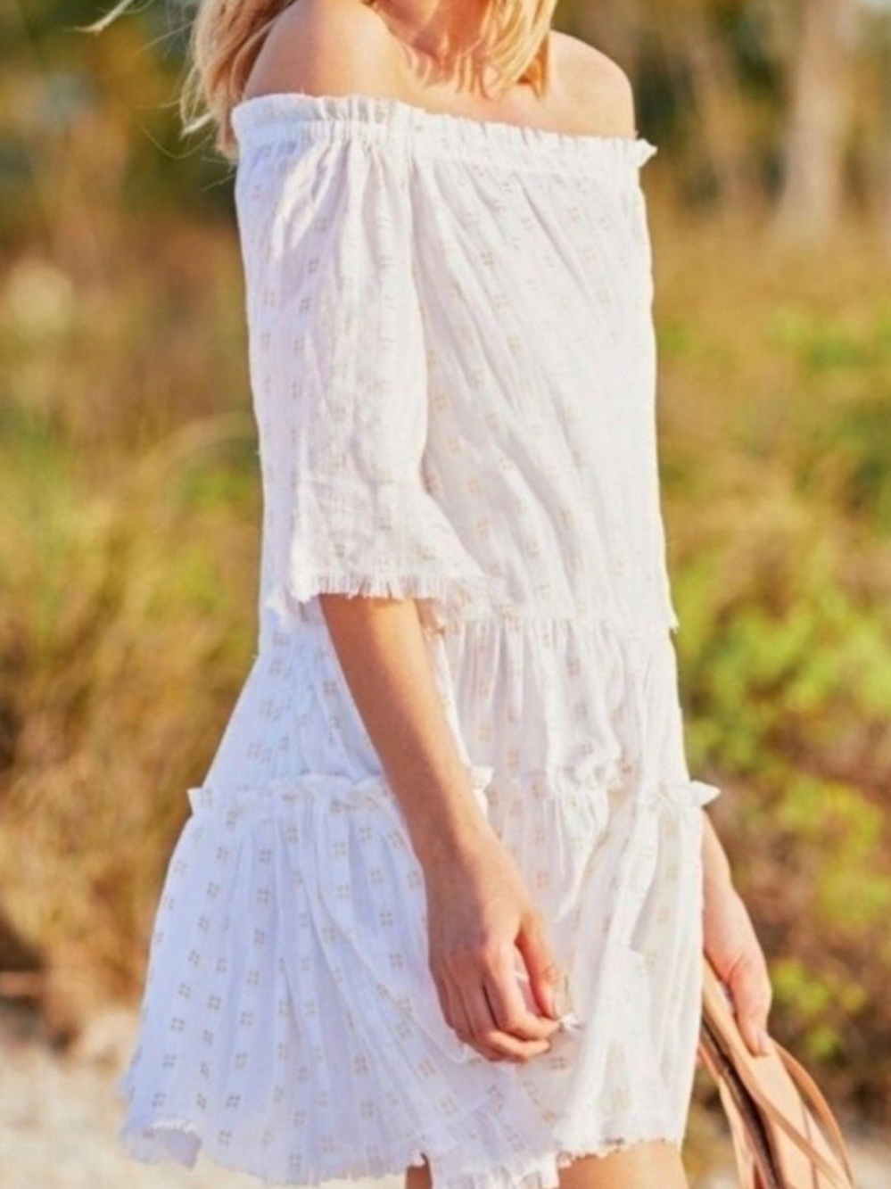 Vineyard Vines White Off-Shoulder Dress with Gold Dot Print